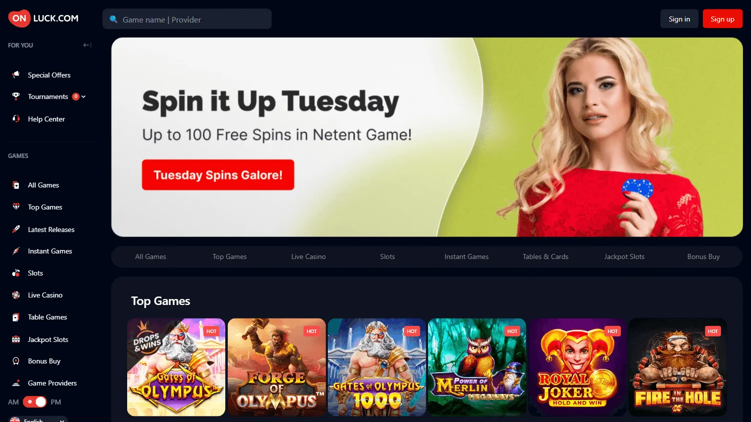 Onluck Casino desktop home interface with casino, live games and sportsbook access