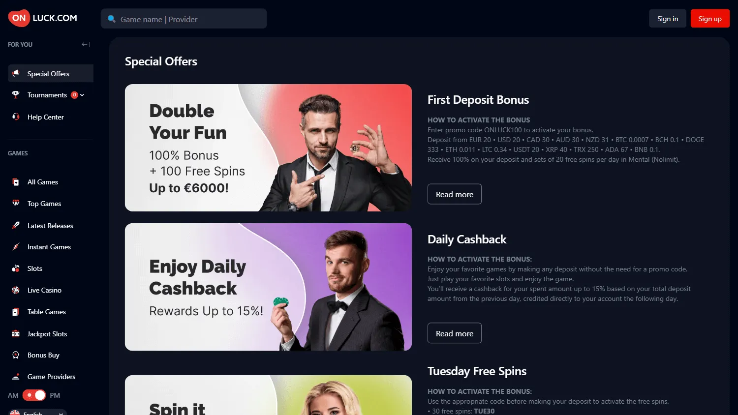 Onluck Casino desktop promotions area with deposit bonuses, free spins, cashback and loyalty rewards