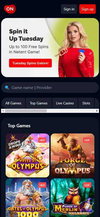 Onluck Casino mobile home interface for Android, iOS and Windows devices