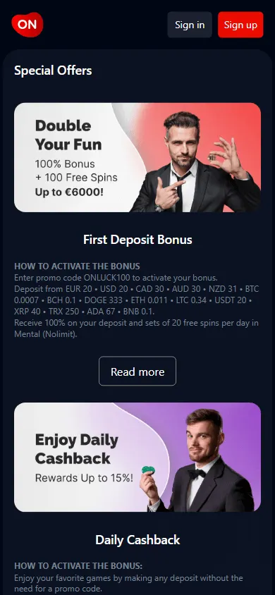 Onluck Casino mobile promotions area with Australian bonuses and free spins
